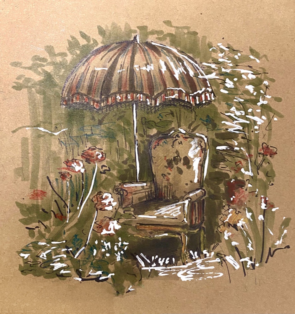 Un fauteuil sous un parasol, illustration au marker